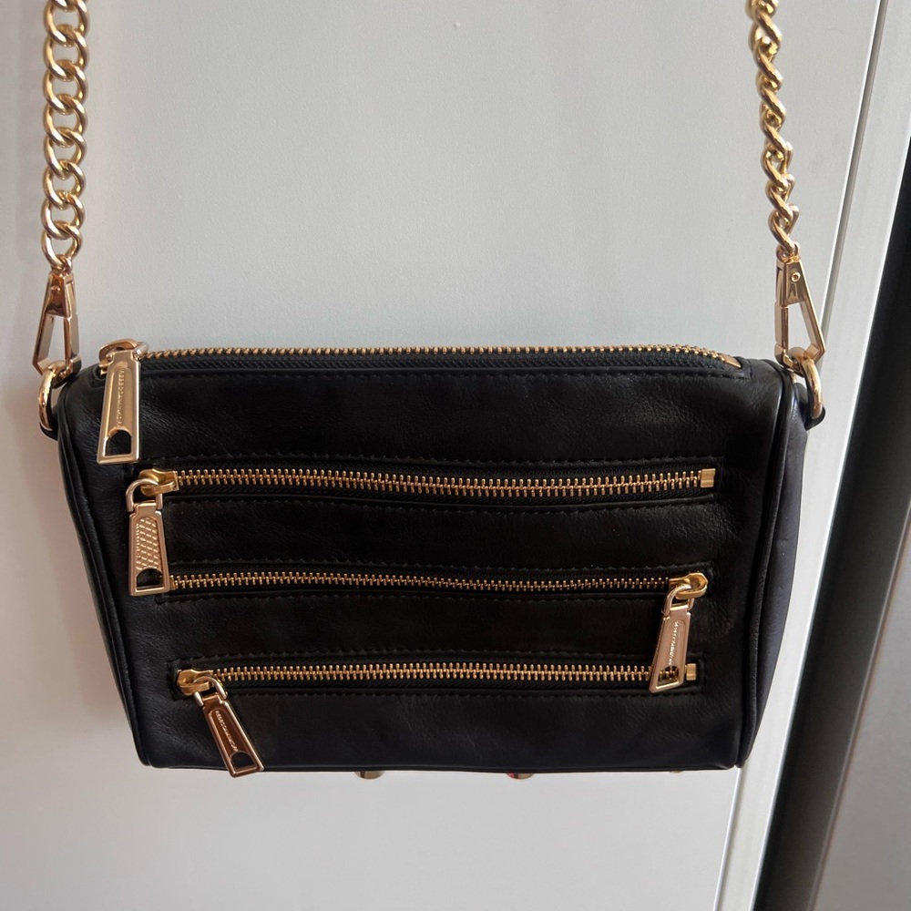 Rebecca Minkoff Black Leather Crossbody Bag with Gold Accents